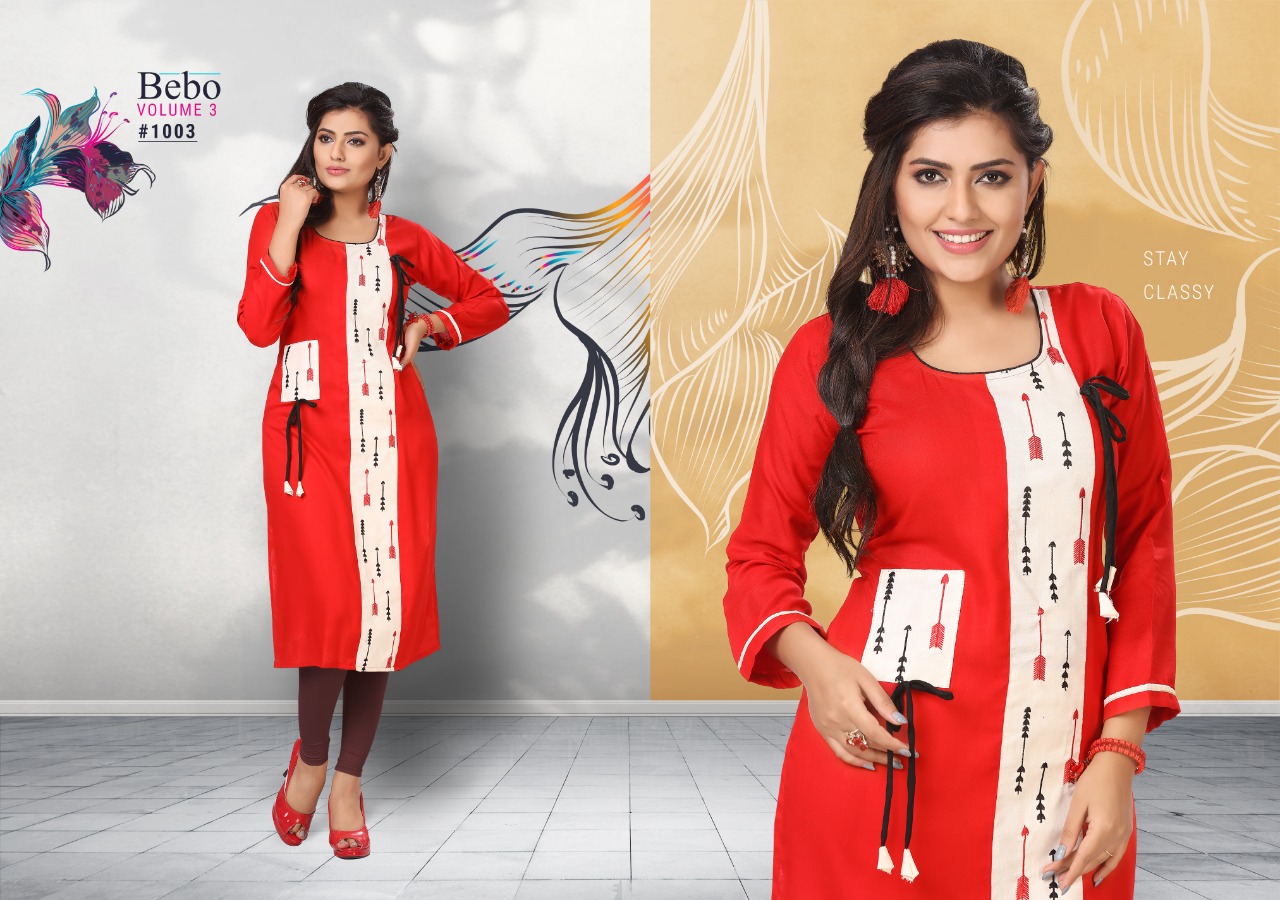 Bebo Vol-3 By Kirtan 1001 To 1010 Series Beautiful Colorful Stylish Fancy Casual Wear & Ethnic Wear & Ready To Wear Rayon Embroidered Kurtis At Wholesale Price