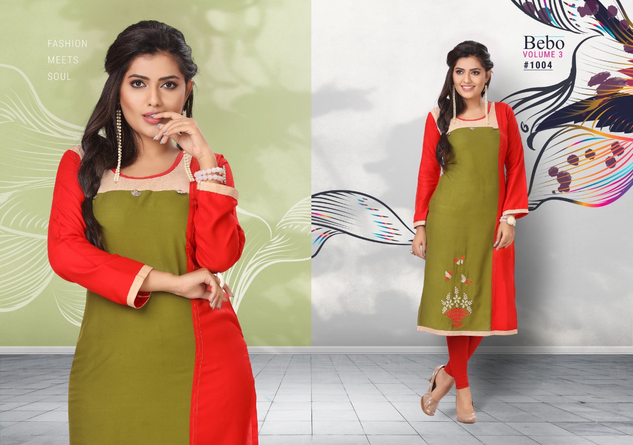 Bebo Vol-3 By Kirtan 1001 To 1010 Series Beautiful Colorful Stylish Fancy Casual Wear & Ethnic Wear & Ready To Wear Rayon Embroidered Kurtis At Wholesale Price