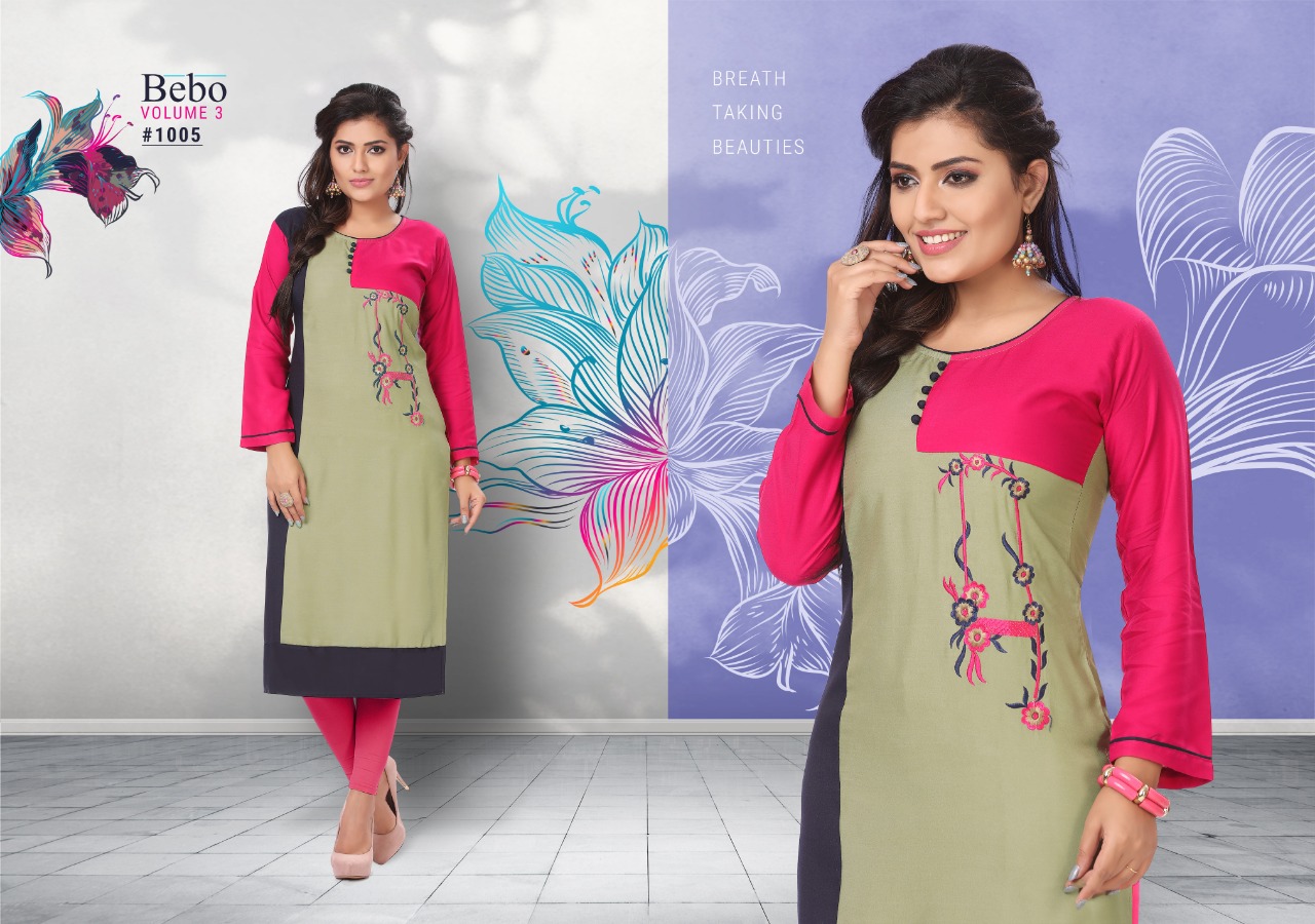 Bebo Vol-3 By Kirtan 1001 To 1010 Series Beautiful Colorful Stylish Fancy Casual Wear & Ethnic Wear & Ready To Wear Rayon Embroidered Kurtis At Wholesale Price