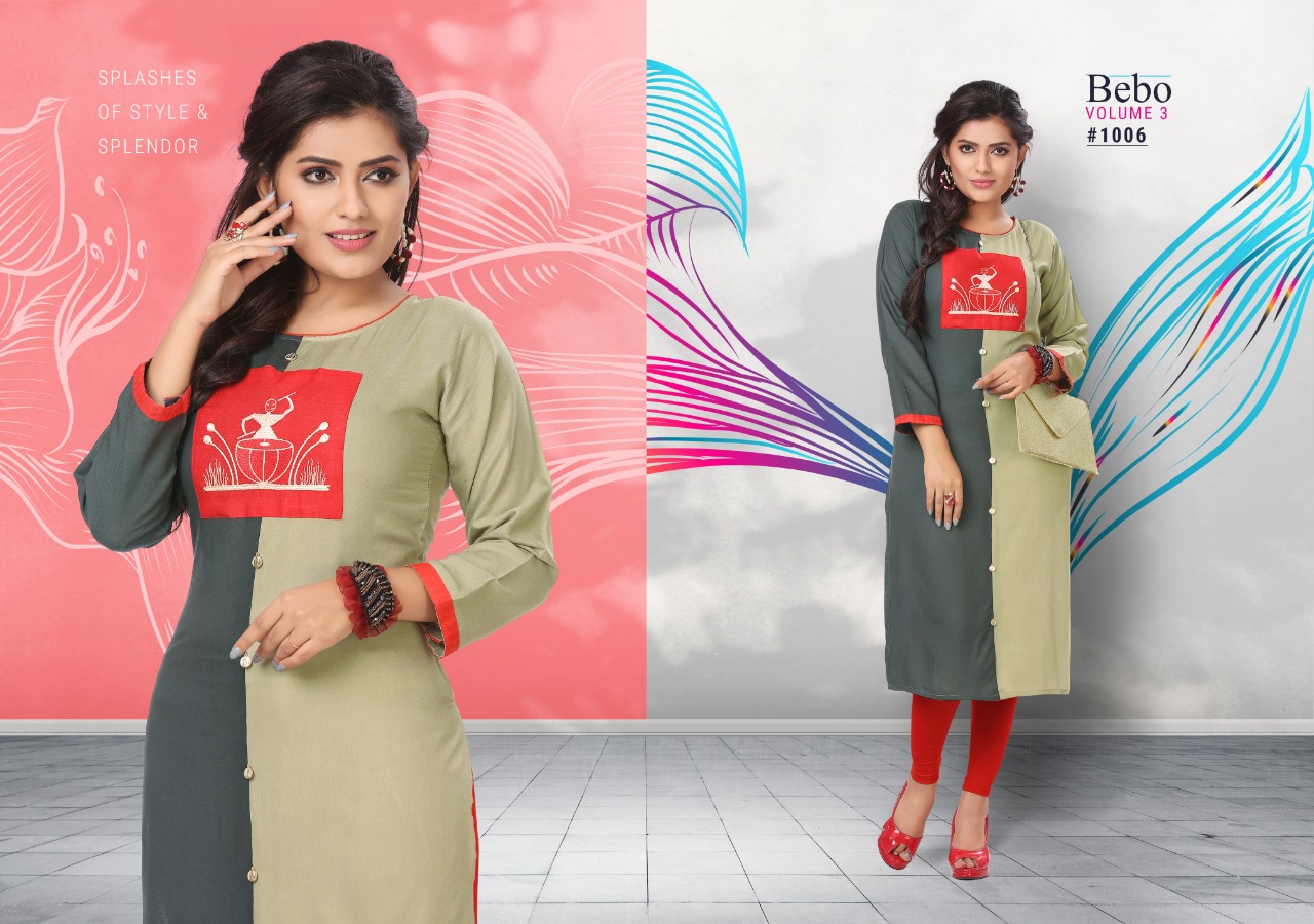 Bebo Vol-3 By Kirtan 1001 To 1010 Series Beautiful Colorful Stylish Fancy Casual Wear & Ethnic Wear & Ready To Wear Rayon Embroidered Kurtis At Wholesale Price