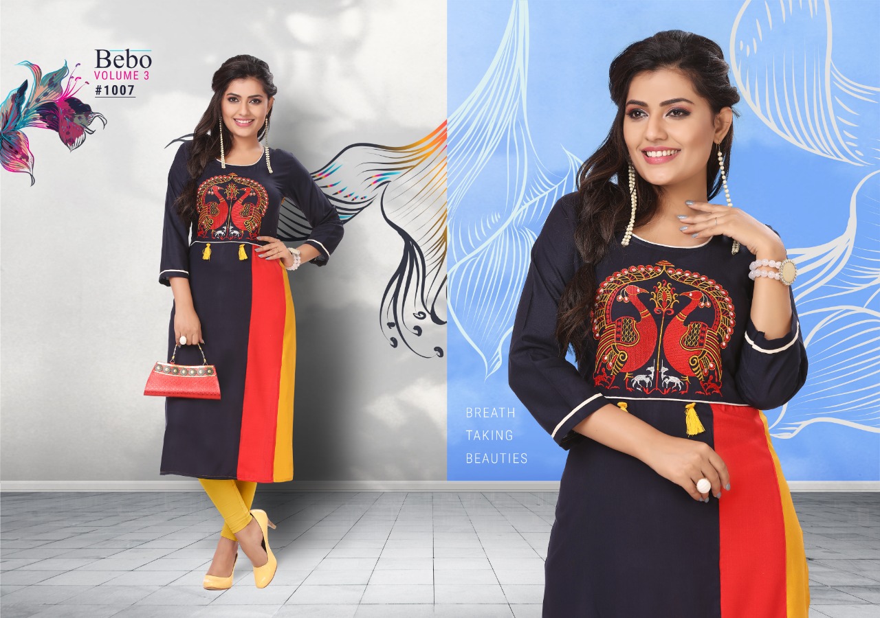 Bebo Vol-3 By Kirtan 1001 To 1010 Series Beautiful Colorful Stylish Fancy Casual Wear & Ethnic Wear & Ready To Wear Rayon Embroidered Kurtis At Wholesale Price