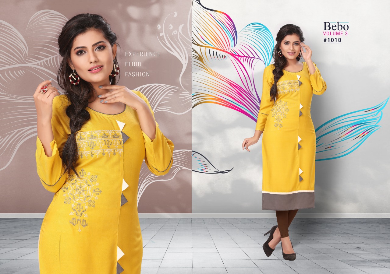 Bebo Vol-3 By Kirtan 1001 To 1010 Series Beautiful Colorful Stylish Fancy Casual Wear & Ethnic Wear & Ready To Wear Rayon Embroidered Kurtis At Wholesale Price