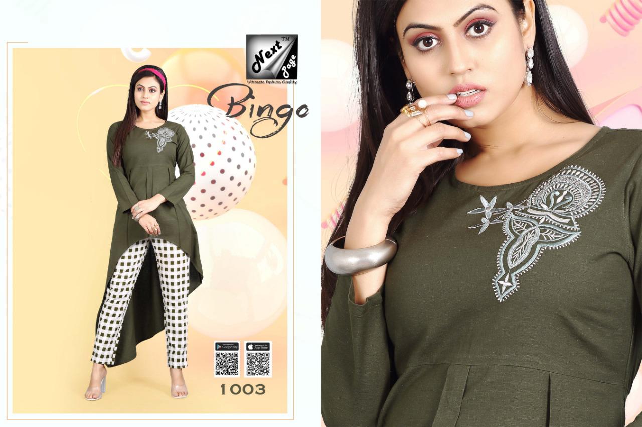 Bingo Vol-2 By Next Page 1001 To 1010 Series Beautiful Colorful Stylish Fancy Casual Wear & Ethnic Wear & Ready To Wear Heavy Cotton Kurtis With Pants At Wholesale Price