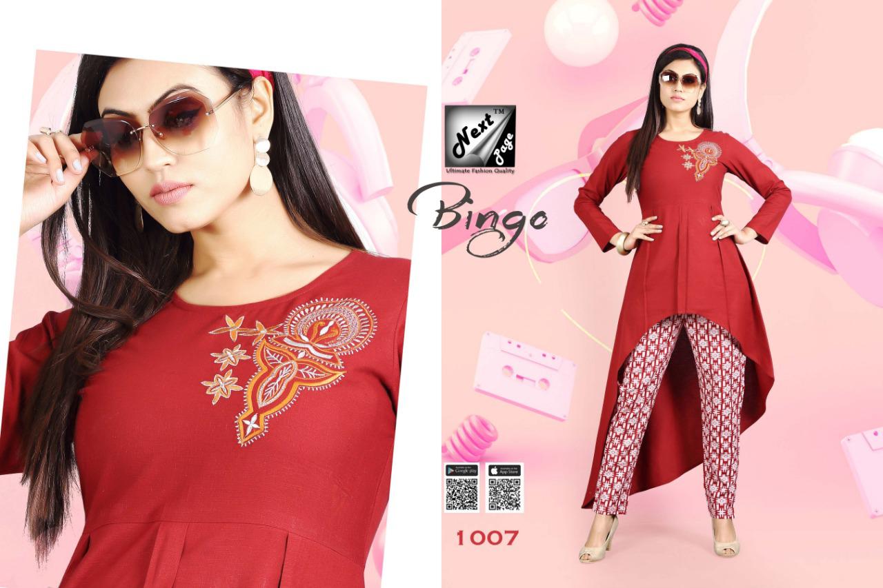 Bingo Vol-2 By Next Page 1001 To 1010 Series Beautiful Colorful Stylish Fancy Casual Wear & Ethnic Wear & Ready To Wear Heavy Cotton Kurtis With Pants At Wholesale Price