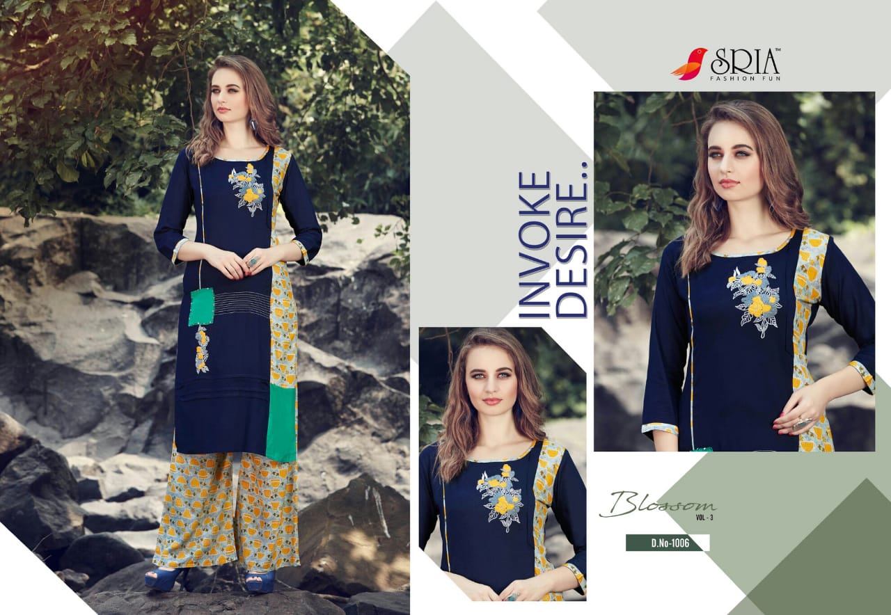 Blossom Vol-3 By Sria 1001 To 1009 Series Beautiful Stylish Colorful Fancy Party Wear & Ethnic Wear & Ready To Wear Rayon Printed Kurtis & Palazzos At Wholesale Price