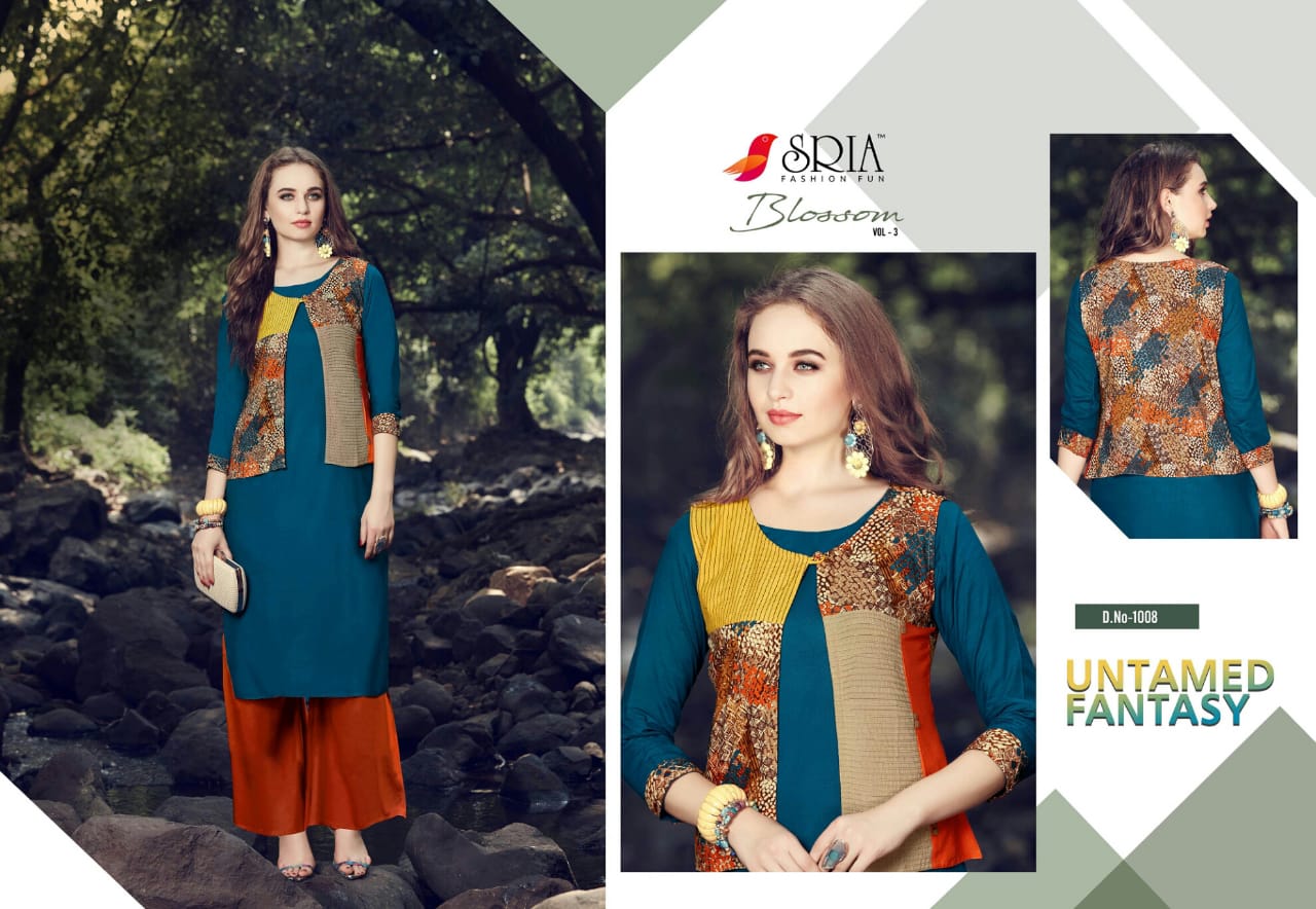Blossom Vol-3 By Sria 1001 To 1009 Series Beautiful Stylish Colorful Fancy Party Wear & Ethnic Wear & Ready To Wear Rayon Printed Kurtis & Palazzos At Wholesale Price
