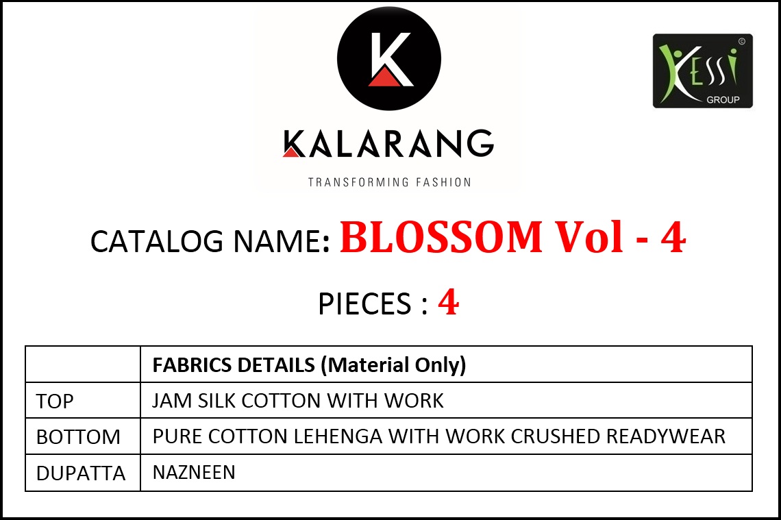 Blossom Vol-4 By Kalarang 621 To 624 Series Designer Suits Beautiful Stylish Fancy Colorful Party Wear & Occasional Wear Jam Silk Cotton With Work Dresses At Wholesale Price