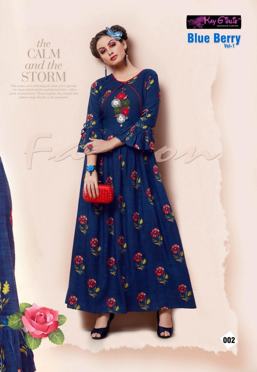 Blue Berry Vol-1 Kay Girlie 001 To 006 Series Beautiful Colorful Stylish Fancy Casual Wear & Ethnic Wear & Ready To Wear Premium Rayon Printed Kurtis At Wholesale Price