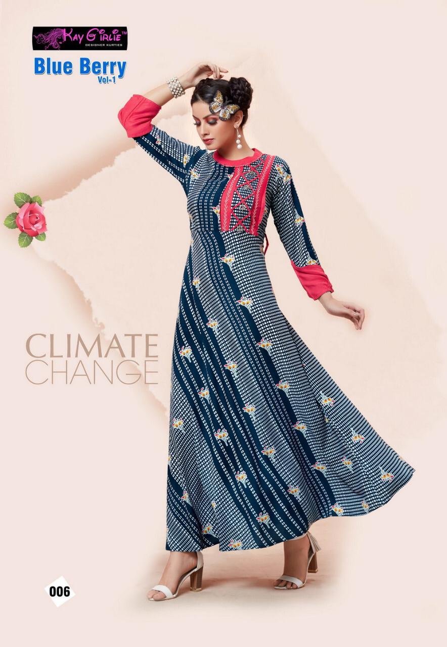 Blue Berry Vol-1 Kay Girlie 001 To 006 Series Beautiful Colorful Stylish Fancy Casual Wear & Ethnic Wear & Ready To Wear Premium Rayon Printed Kurtis At Wholesale Price