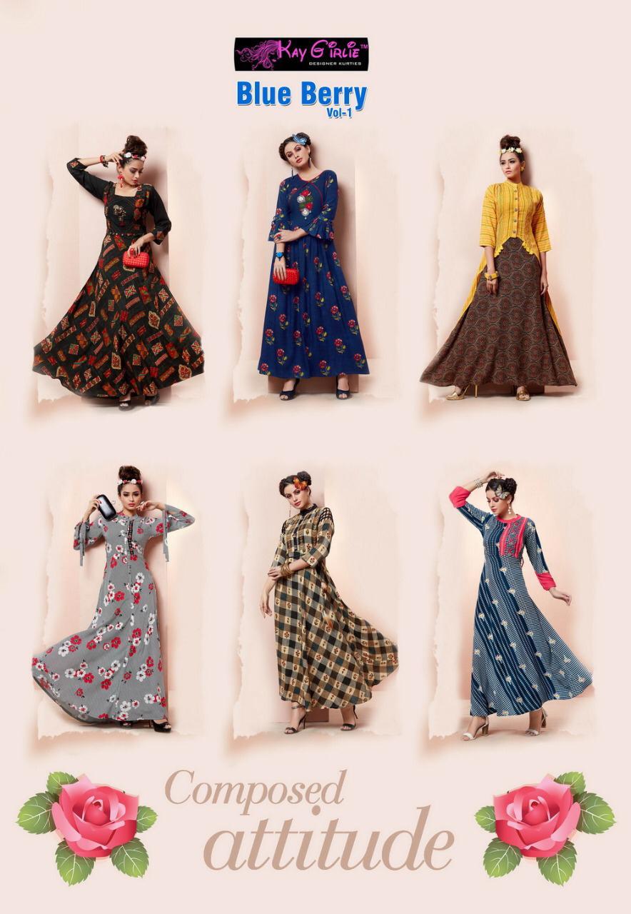 Blue Berry Vol-1 Kay Girlie 001 To 006 Series Beautiful Colorful Stylish Fancy Casual Wear & Ethnic Wear & Ready To Wear Premium Rayon Printed Kurtis At Wholesale Price