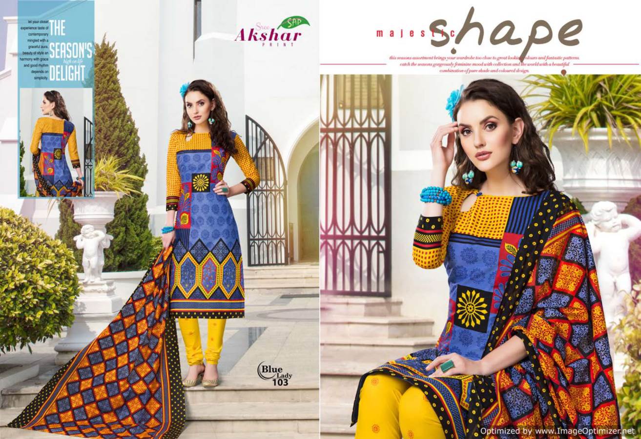 Blue Lady By Akshar Prints 101 To 112 Series Indian Traditional Wear Collection Beautiful Stylish Fancy Colorful Party Wear & Occasional Wear Cotton Printed Dress At Wholesale Price