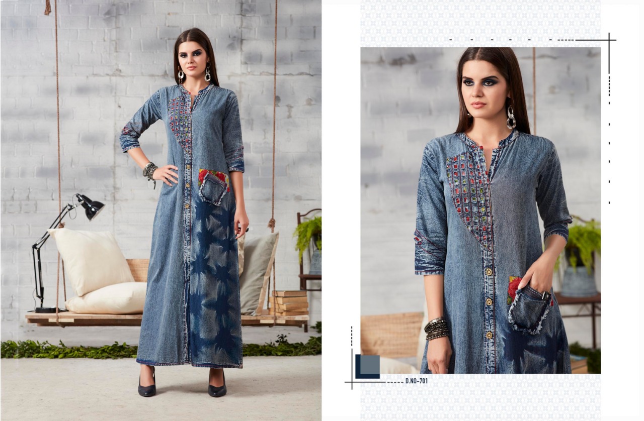 Blue Lee Vol-2 By Kajree Fashion 701 To 712 Series Beautiful Colorful Stylish Fancy Casual Wear & Ethnic Wear & Ready To Wear Denim Embroidered Kurtis At Wholesale Price