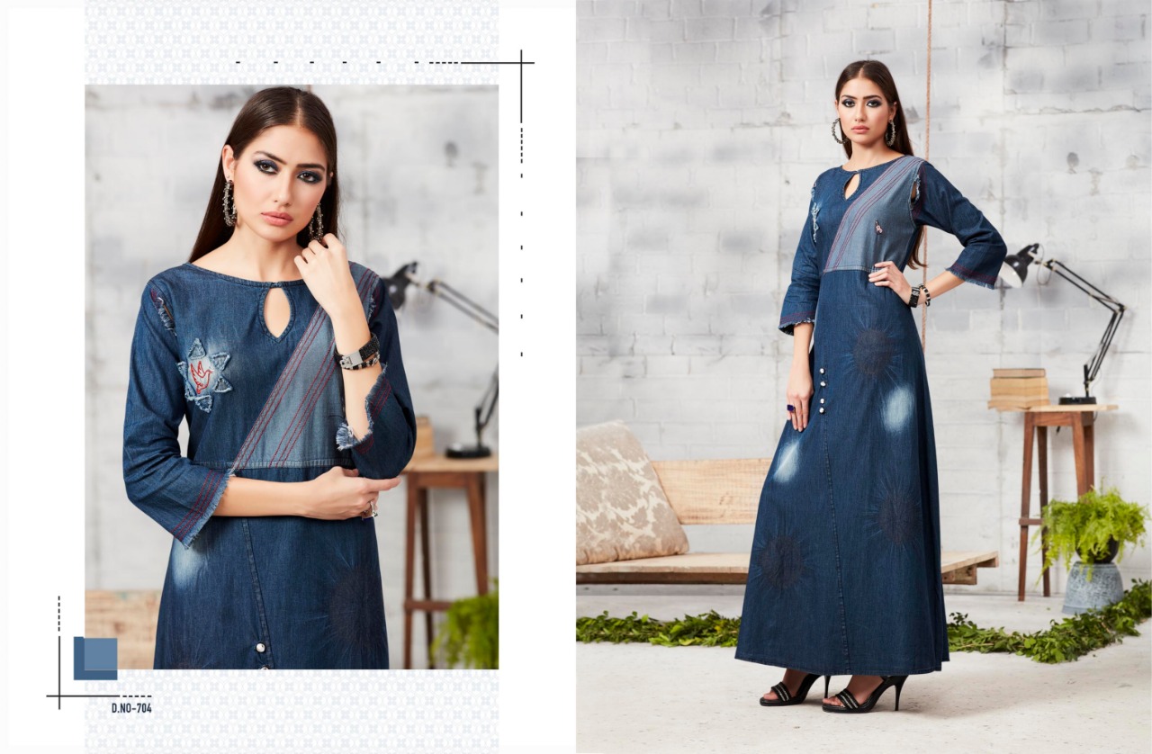 Blue Lee Vol-2 By Kajree Fashion 701 To 712 Series Beautiful Colorful Stylish Fancy Casual Wear & Ethnic Wear & Ready To Wear Denim Embroidered Kurtis At Wholesale Price