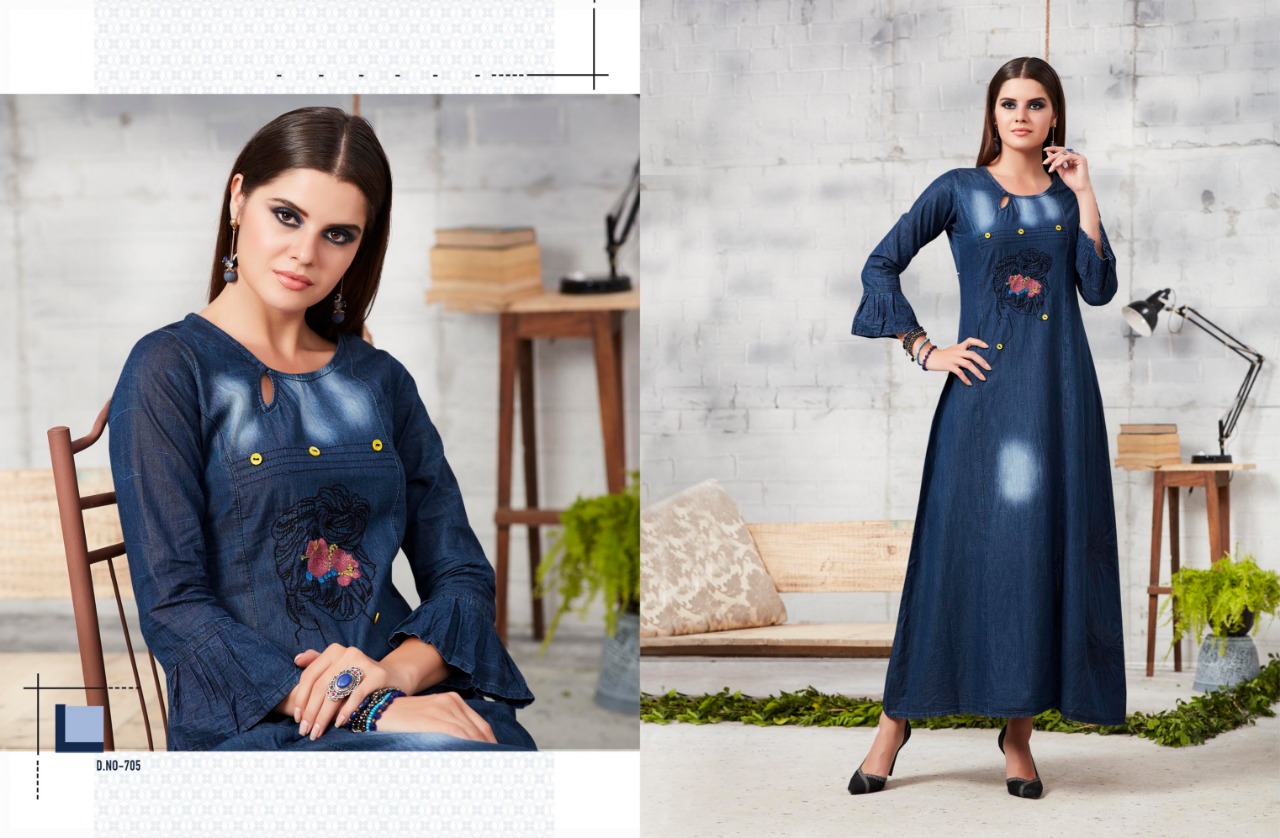 Blue Lee Vol-2 By Kajree Fashion 701 To 712 Series Beautiful Colorful Stylish Fancy Casual Wear & Ethnic Wear & Ready To Wear Denim Embroidered Kurtis At Wholesale Price