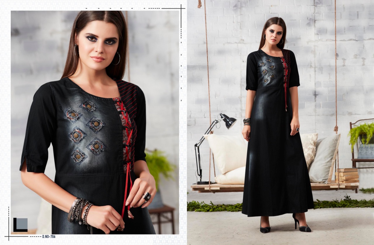 Blue Lee Vol-2 By Kajree Fashion 701 To 712 Series Beautiful Colorful Stylish Fancy Casual Wear & Ethnic Wear & Ready To Wear Denim Embroidered Kurtis At Wholesale Price