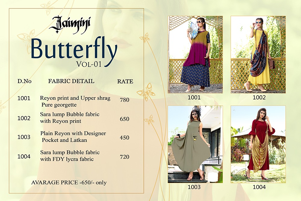 Butterfly Vol-1 By Jaimini 1001 To 1004 Series Designer Beautiful Stylish Fancy Colorful Casual Wear & Ethnic Wear & Ready To Wear Rayon Kurtis At Wholesale Price