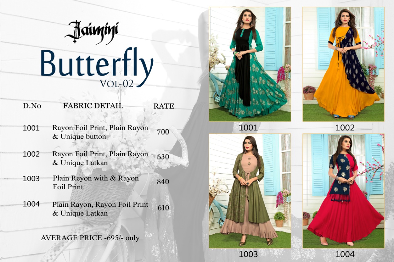 Butterfly Vol-2 By Jaimini 1001 To 1004 Series Designer Beautiful Stylish Fancy Colorful Casual Wear & Ethnic Wear & Ready To Wear Rayon Kurtis At Wholesale Price