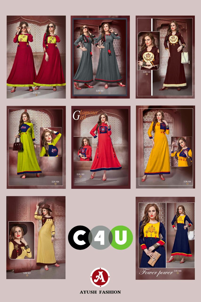 C4u By Ayush Fashion 1001 To 1008 Series Designer Beautiful Stylish Fancy Colorful Party Wear & Ethnic Wear Rayon Slub Embroidered Kurtis At Wholesale Price