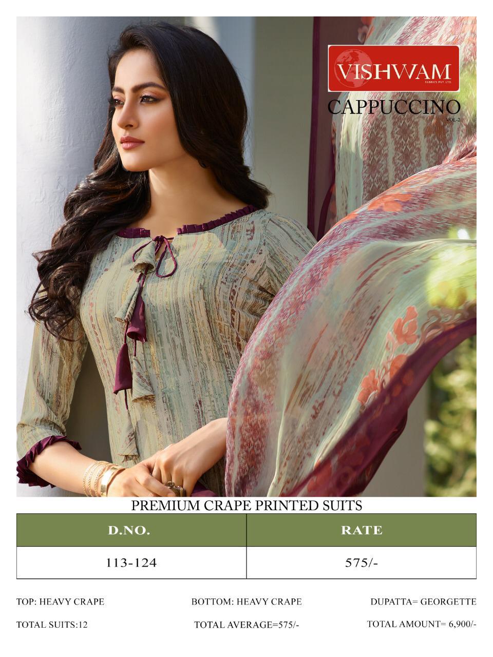 Cappuccino Vol-2 By Vishwam Fabrics 113 To 124 Series Beautiful Stylish Fancy Colorful Casual & Party Wear & Ethnic Wear Collection Crepe Printed Dresses At Wholesale Price