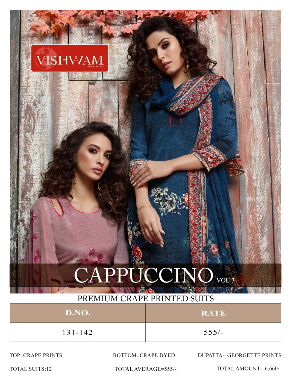 Cappuccino Vol-3 By Vishwam Fabrics 131 To 142 Series Beautiful Stylish Fancy Colorful Casual & Party Wear & Ethnic Wear Collection Crepe Printed Dresses At Wholesale Price