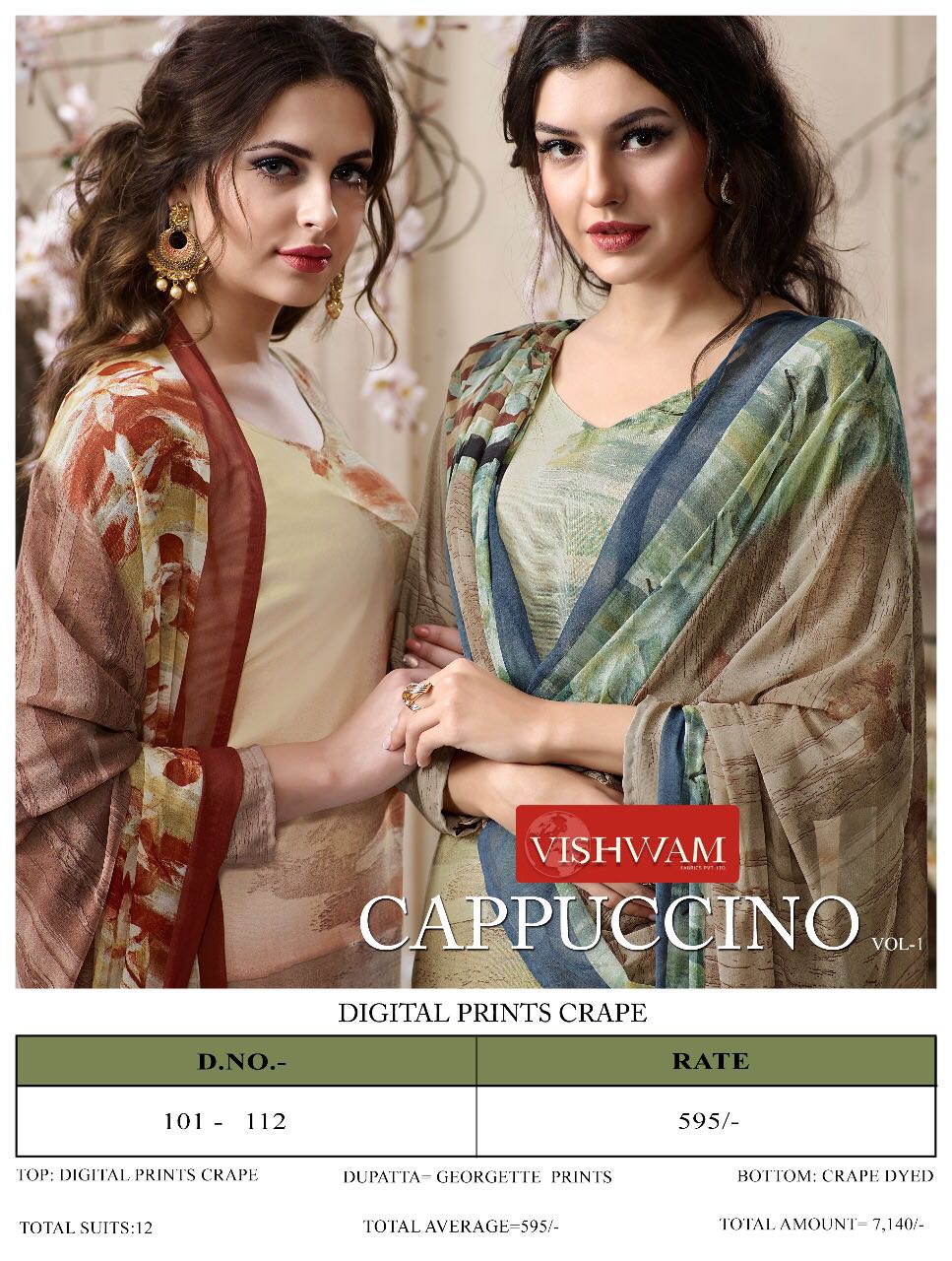 Cappuccino Vol-1 By Vishwam Fabrics 101 To 112 Series Beautiful Stylish Fancy Colorful Casual & Party Wear & Ethnic Wear Collection Crepe Printed Dresses At Wholesale Price