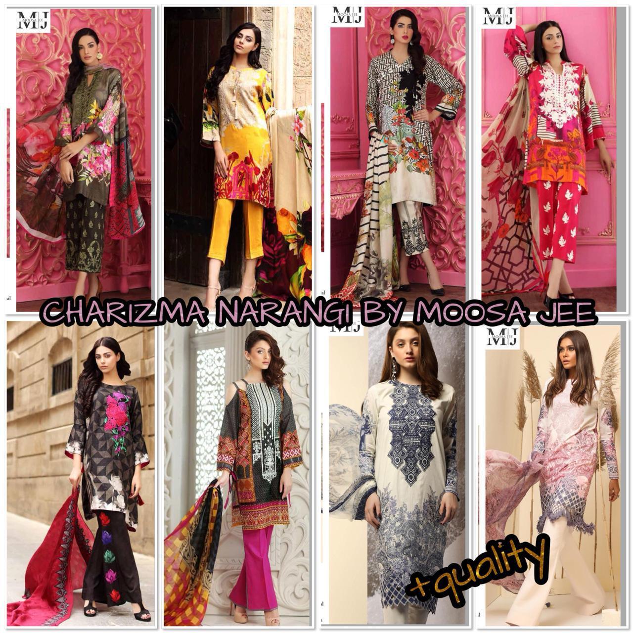 Charizma Narangi By Moosa Jee Designer Pakistani Suits Collection Beautiful Stylish Fancy Colorful Party Wear & Occasional Wear Cambric Cotton Dresses At Wholesale Price