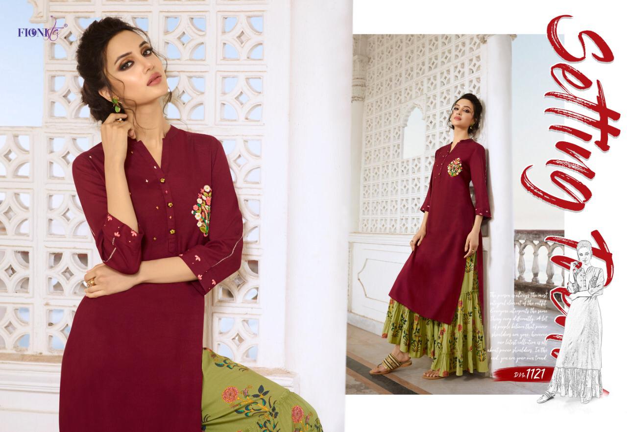 Charmie By Fionista 1121 To 1127 Series Beautiful Stylish Fancy Colorful Designer Party Wear & Ethnic Wear & Ready To Wear Rayon Embroidered Kurtis With Bottoms At Wholesale Price