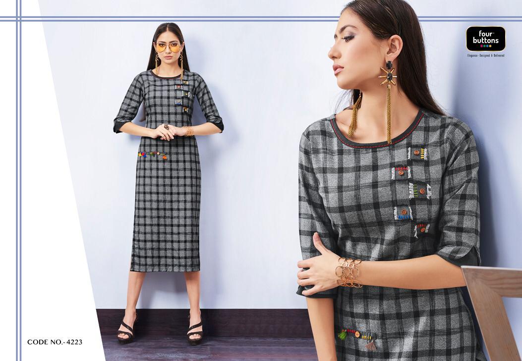 Checks Vol-3 By Four Buttons 4221 To 4228 Series Beautiful Colorful Stylish Fancy Casual Wear & Ethnic Wear & Ready To Wear Weaving Checks Printed Kurtis At Wholesale Price