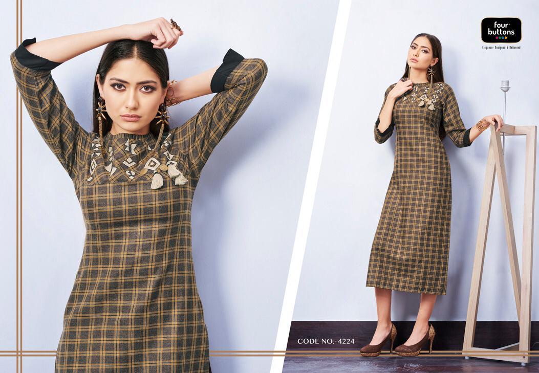 Checks Vol-3 By Four Buttons 4221 To 4228 Series Beautiful Colorful Stylish Fancy Casual Wear & Ethnic Wear & Ready To Wear Weaving Checks Printed Kurtis At Wholesale Price