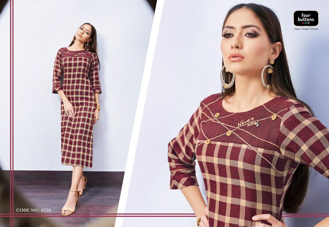 Checks Vol-3 By Four Buttons 4221 To 4228 Series Beautiful Colorful Stylish Fancy Casual Wear & Ethnic Wear & Ready To Wear Weaving Checks Printed Kurtis At Wholesale Price
