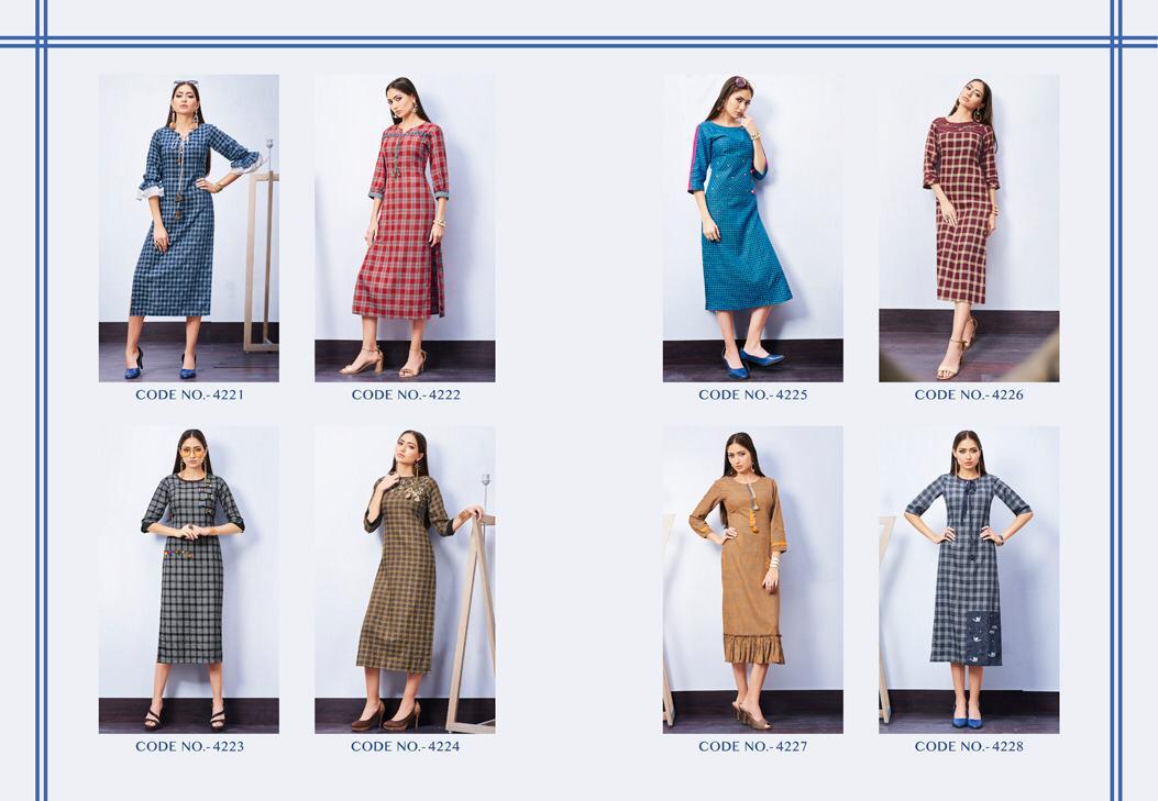 Checks Vol-3 By Four Buttons 4221 To 4228 Series Beautiful Colorful Stylish Fancy Casual Wear & Ethnic Wear & Ready To Wear Weaving Checks Printed Kurtis At Wholesale Price