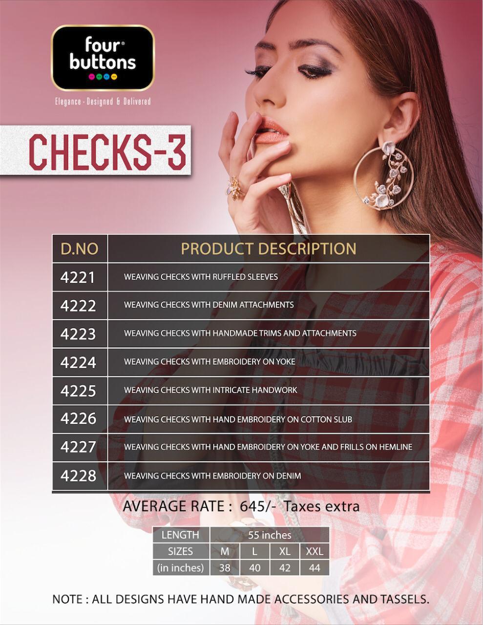 Checks Vol-3 By Four Buttons 4221 To 4228 Series Beautiful Colorful Stylish Fancy Casual Wear & Ethnic Wear & Ready To Wear Weaving Checks Printed Kurtis At Wholesale Price