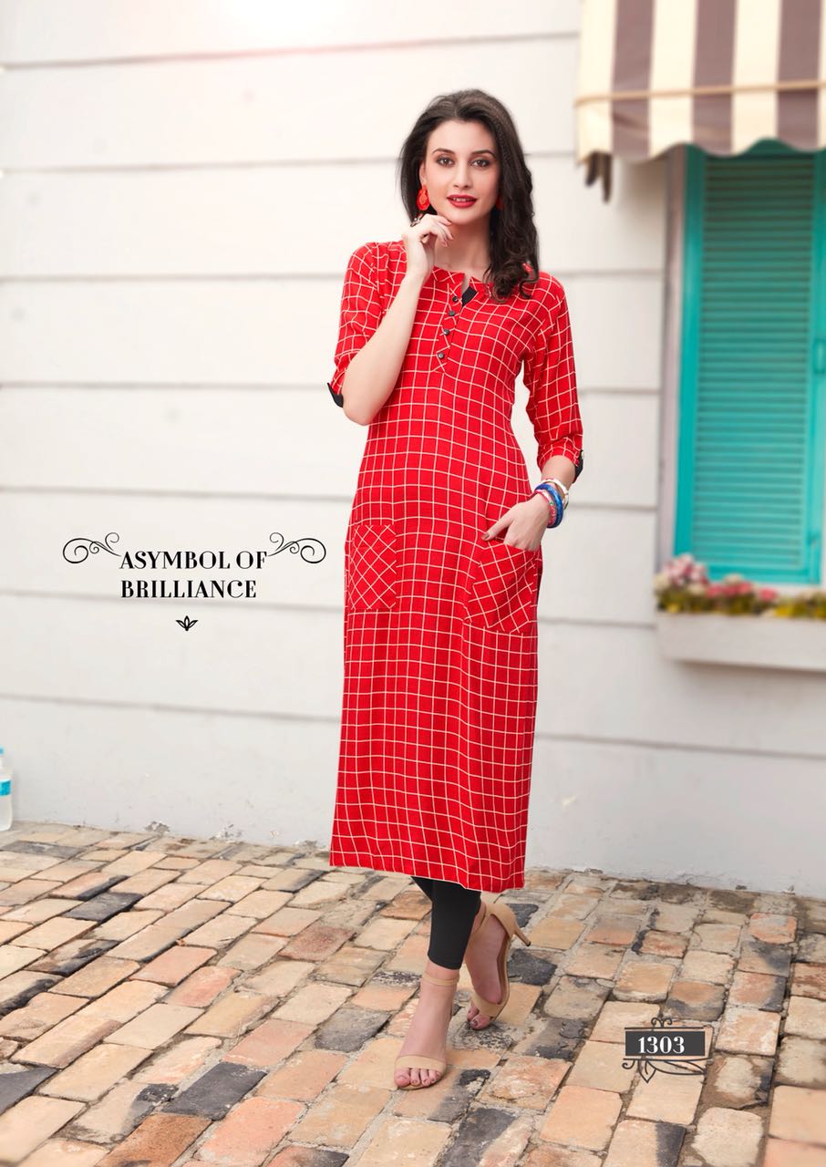 Checks By Amaaya Garments 1301 To 1309 Series Beautiful Stylish Fancy Colorful Casual Wear & Ethnic Wear & Ready To Wear Rayon Kurtis At Wholesale Price