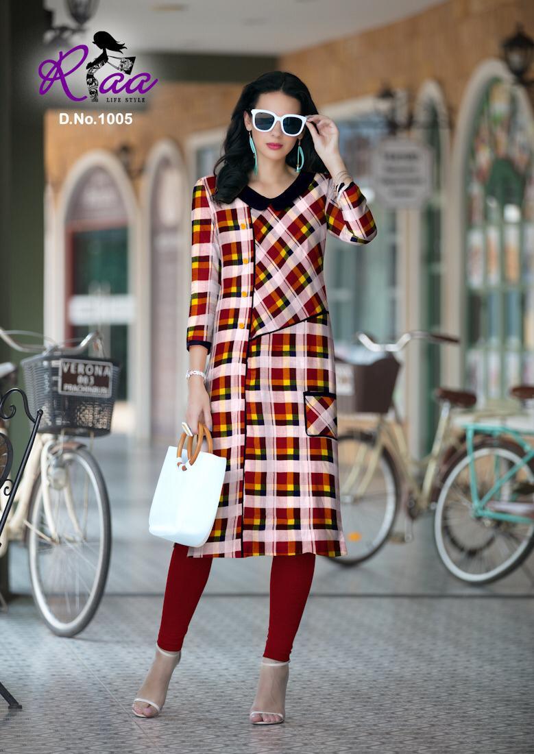 Checks By Riaa Lifestyle 1001 To 1008 Series Beautiful Stylish Colorful Fancy Party Wear & Ethnic Wear & Ready To Wear Heavy Rayon Printed Kurtis At Wholesale Price