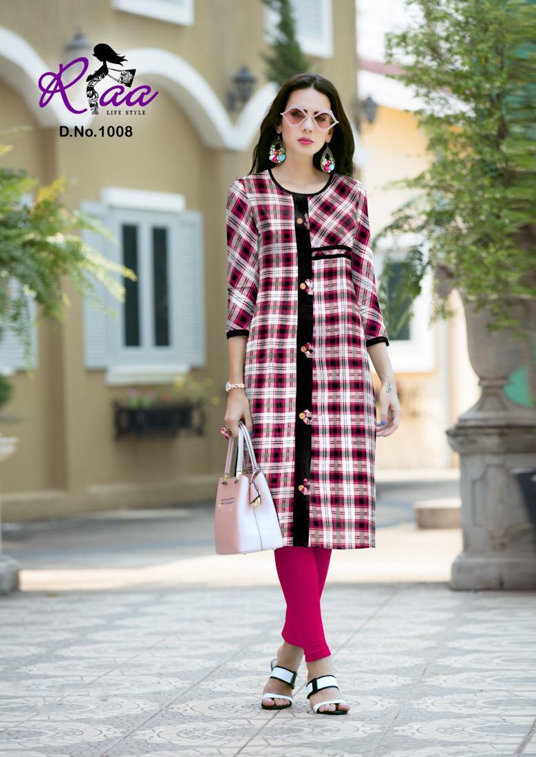 Checks By Riaa Lifestyle 1001 To 1008 Series Beautiful Stylish Colorful Fancy Party Wear & Ethnic Wear & Ready To Wear Heavy Rayon Printed Kurtis At Wholesale Price