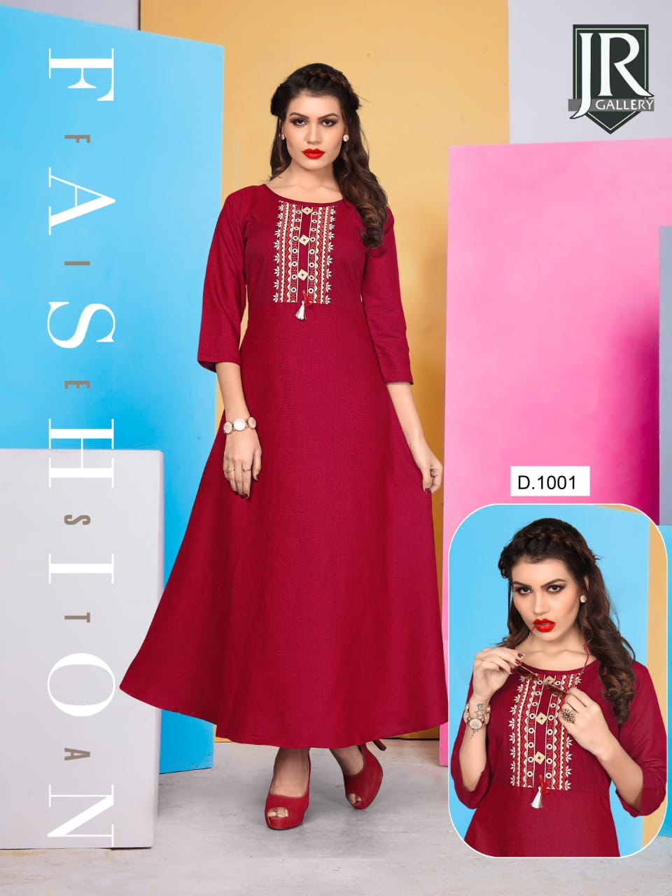 Cherry By Jr Gallery 1001 To 1006 Series Beautiful Stylish Colorful Fancy Party Wear & Ethnic Wear & Ready To Wear Rayon Slub Two Tone Embroidered Kurtis At Wholesale Price