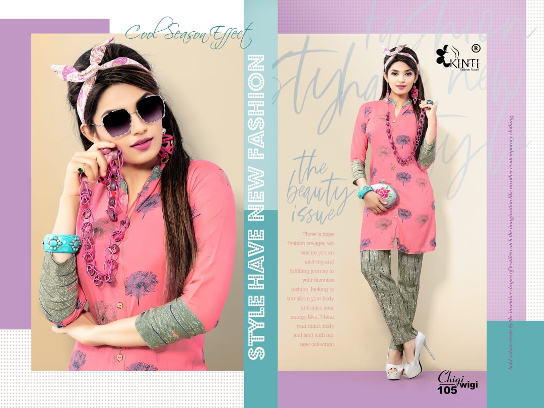 Chigi Wigi By Kinti 101 To 112 Series Beautiful Beautiful Stylish Fancy Colorful Casual Wear & Ethnic Wear Ready To Wear Rayon Print Kurtis With Bottom At Wholesale Price