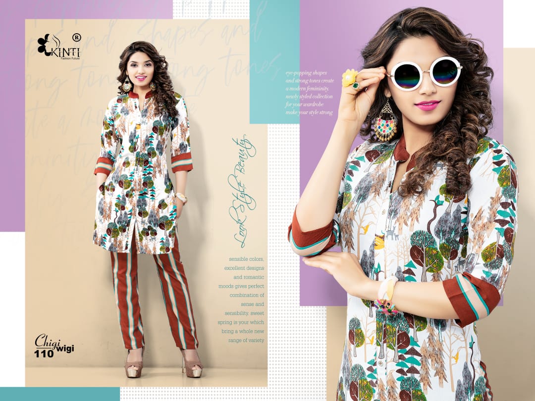 Chigi Wigi By Kinti 101 To 112 Series Beautiful Beautiful Stylish Fancy Colorful Casual Wear & Ethnic Wear Ready To Wear Rayon Print Kurtis With Bottom At Wholesale Price