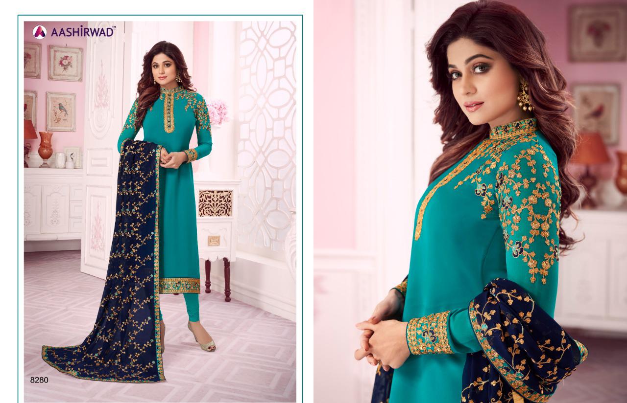 Classic Heavy Dupatta By Aashirwad Creation 8279 To 8284 Series Designer Suits Collection Beautiful Stylish Fancy Colorful Party Wear & Occasional Wear Real Georgette Embroidered Dresses At Wholesale Price