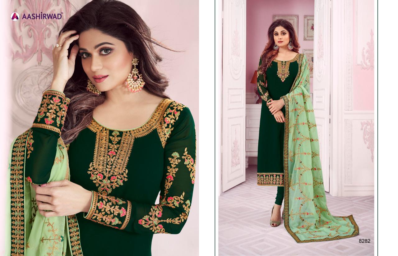 Classic Heavy Dupatta By Aashirwad Creation 8279 To 8284 Series Designer Suits Collection Beautiful Stylish Fancy Colorful Party Wear & Occasional Wear Real Georgette Embroidered Dresses At Wholesale Price