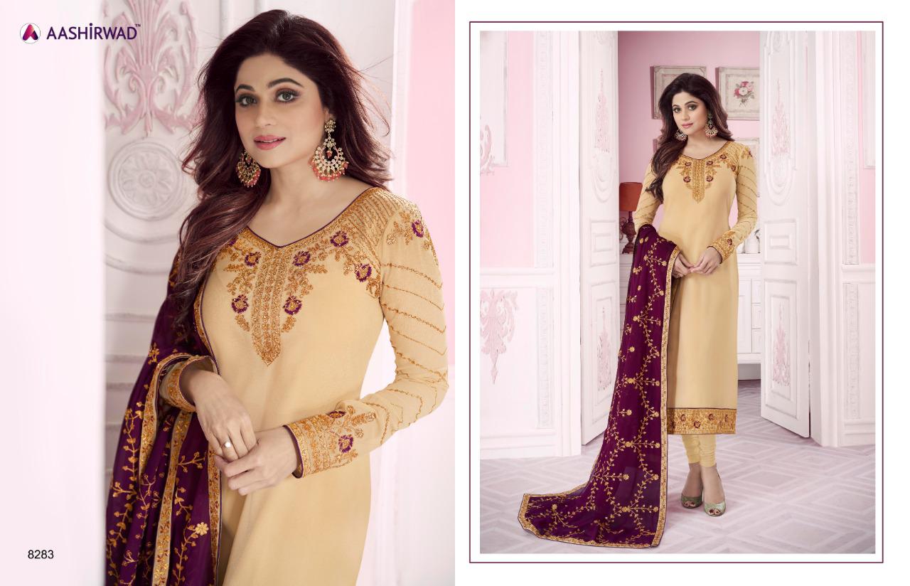 Classic Heavy Dupatta By Aashirwad Creation 8279 To 8284 Series Designer Suits Collection Beautiful Stylish Fancy Colorful Party Wear & Occasional Wear Real Georgette Embroidered Dresses At Wholesale Price