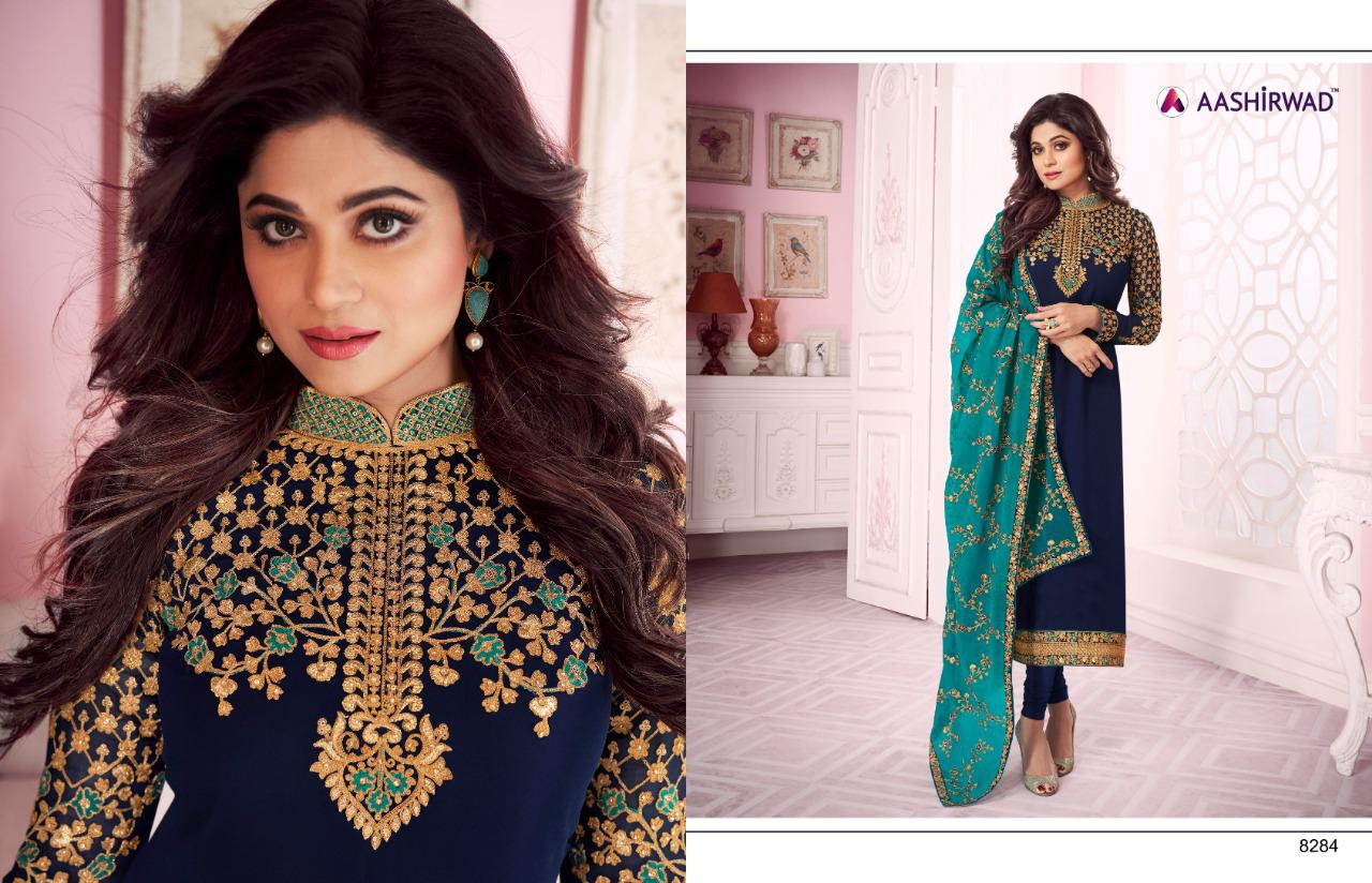 Classic Heavy Dupatta By Aashirwad Creation 8279 To 8284 Series Designer Suits Collection Beautiful Stylish Fancy Colorful Party Wear & Occasional Wear Real Georgette Embroidered Dresses At Wholesale Price
