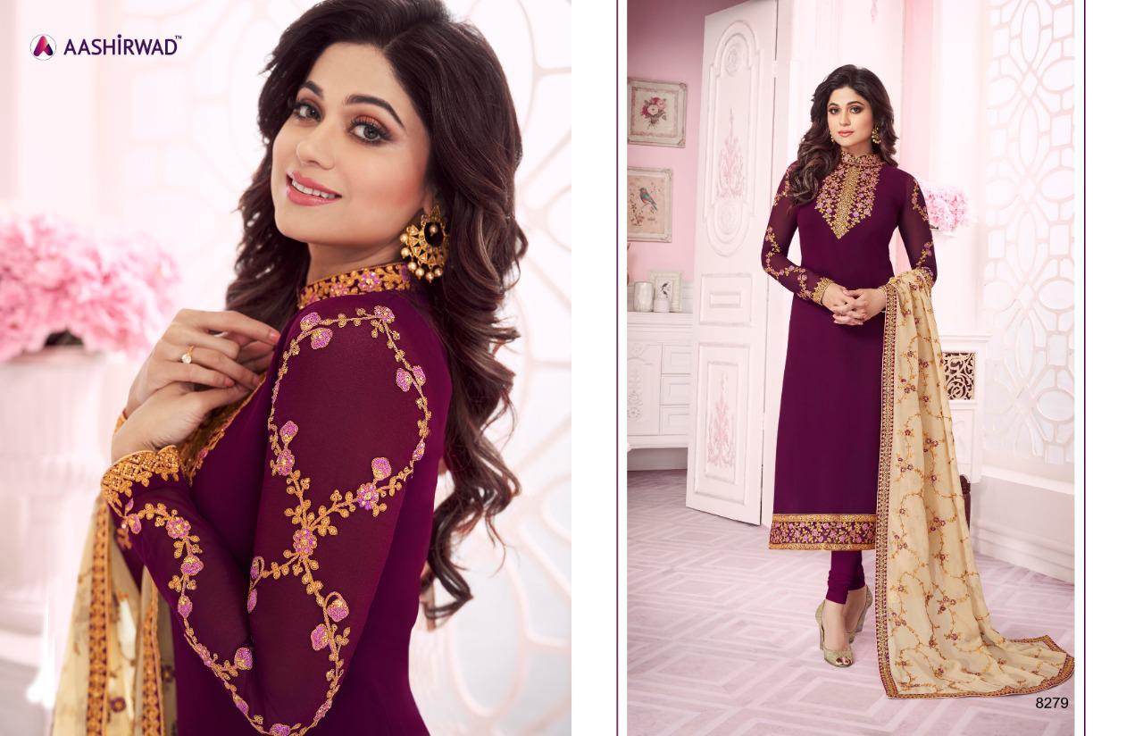 Classic Heavy Dupatta By Aashirwad Creation 8279 To 8284 Series Designer Suits Collection Beautiful Stylish Fancy Colorful Party Wear & Occasional Wear Real Georgette Embroidered Dresses At Wholesale Price