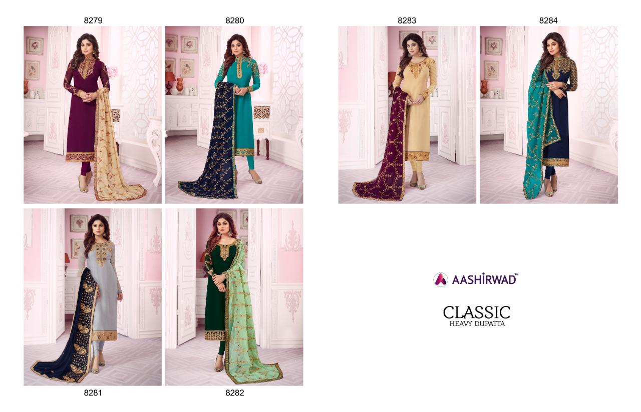 Classic Heavy Dupatta By Aashirwad Creation 8279 To 8284 Series Designer Suits Collection Beautiful Stylish Fancy Colorful Party Wear & Occasional Wear Real Georgette Embroidered Dresses At Wholesale Price