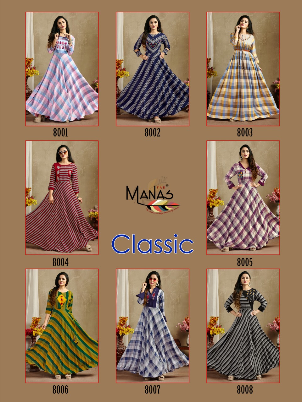 Classic By Manas Fab 8001 To 8008 Series Beautiful Colorful Stylish Fancy Casual Wear & Ethnic Wear & Ready To Wear Heavy Rayon Dyed Printed Gown At Wholesale Price