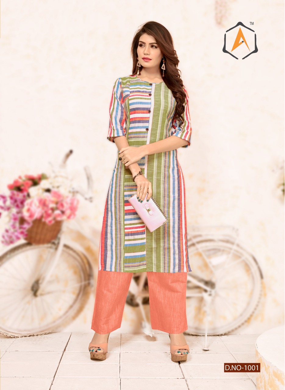 Color Full Vol-1 By Apple Kurtis 1001 To 1006 Series Stylish Fancy Beautiful Colorful Casual Wear & Ethnic Wear Strip Lining Cotton Kurtis With Bottom At Wholesale Price