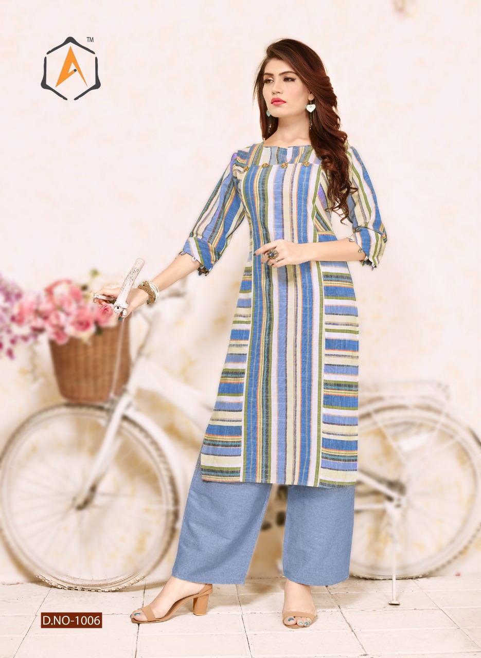 Color Full Vol-1 By Apple Kurtis 1001 To 1006 Series Stylish Fancy Beautiful Colorful Casual Wear & Ethnic Wear Strip Lining Cotton Kurtis With Bottom At Wholesale Price