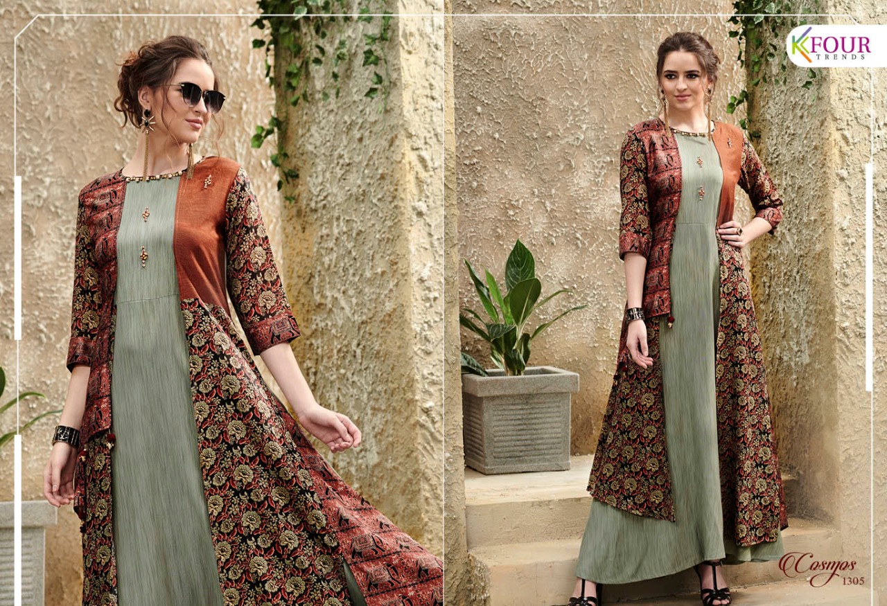 Cosmos By Kfour Trends 1301 To 1306 Series Beautiful Colorful Stylish Fancy Casual Wear & Ethnic Wear & Ready To Wear Fancy Rayon Embroidered Kurtis At Wholesale Price