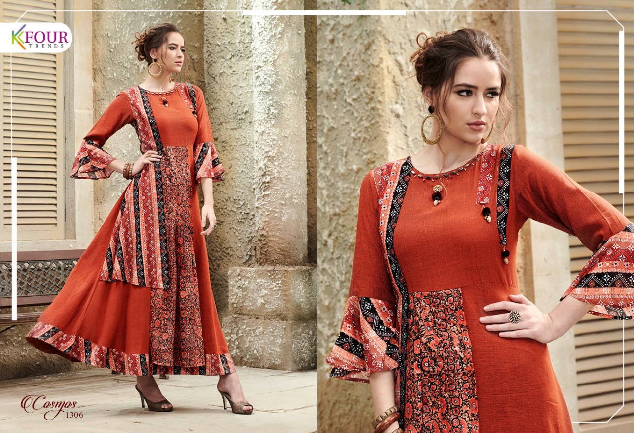 Cosmos By Kfour Trends 1301 To 1306 Series Beautiful Colorful Stylish Fancy Casual Wear & Ethnic Wear & Ready To Wear Fancy Rayon Embroidered Kurtis At Wholesale Price