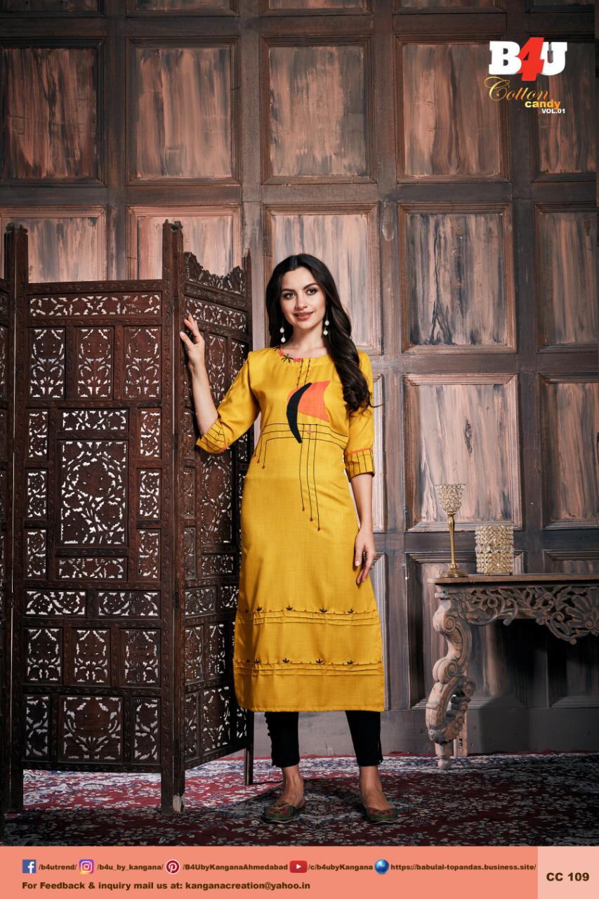 Cotton Candy Vol-1 By B4u 101 To 110 Series Beautiful Colorful Stylish Fancy Casual Wear & Ethnic Wear & Ready To Wear Cotton Embroidery Kurtis At Wholesale Price